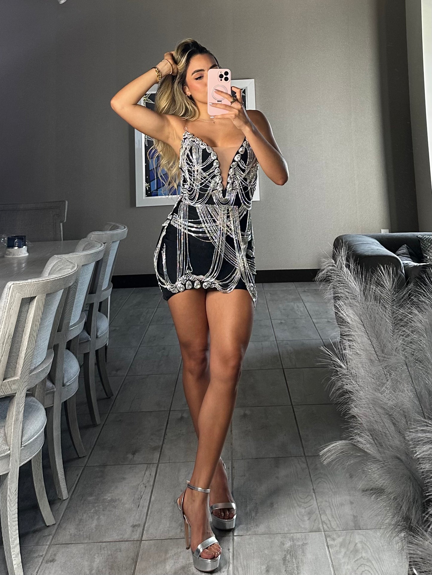 PARIS (BLACK )FRINGES RHINESTONE MINI DRESS