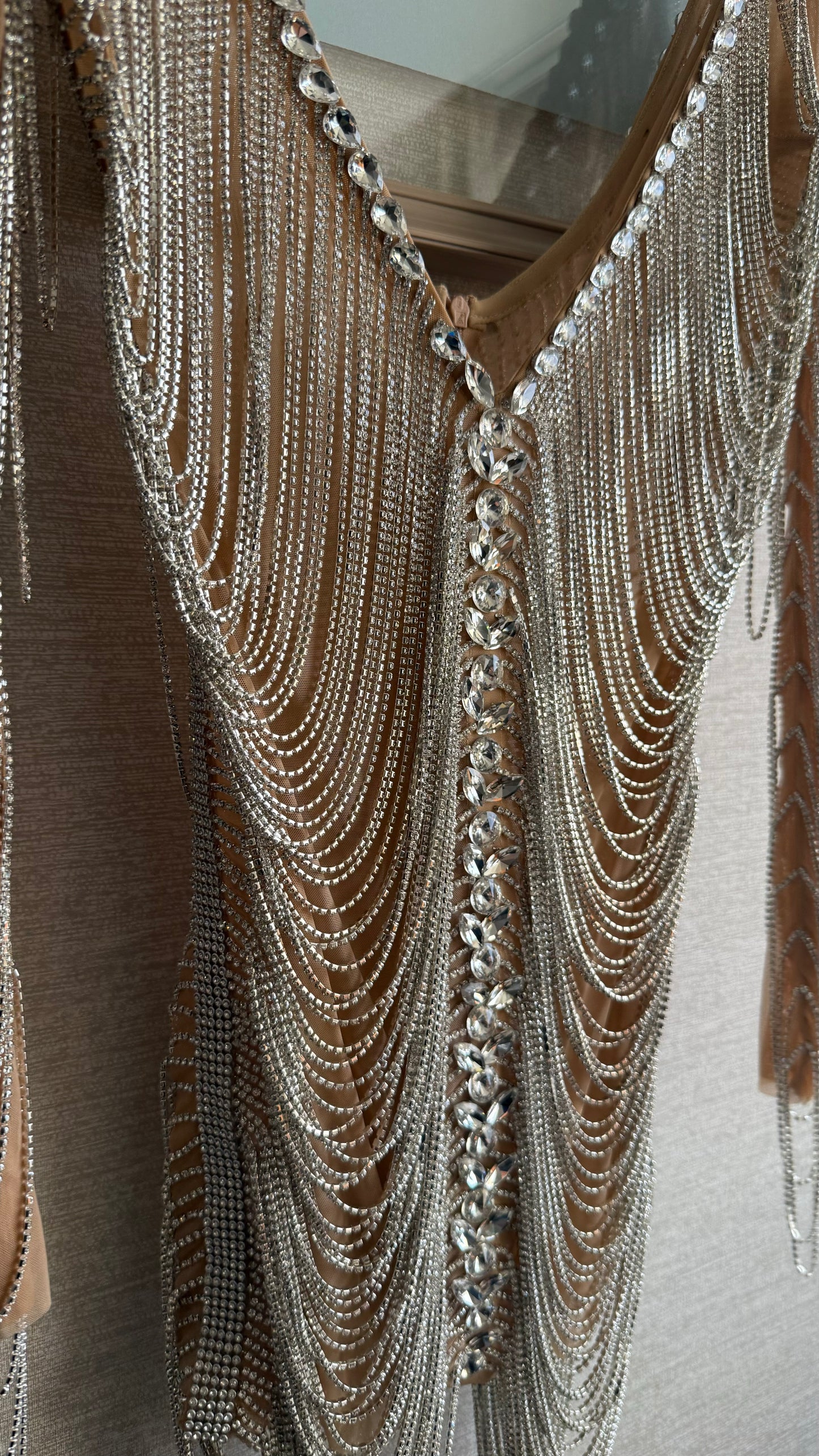 AURORA (SILVER) CRYSTAL FRINGE LONG SLEEVE MINI DRESS