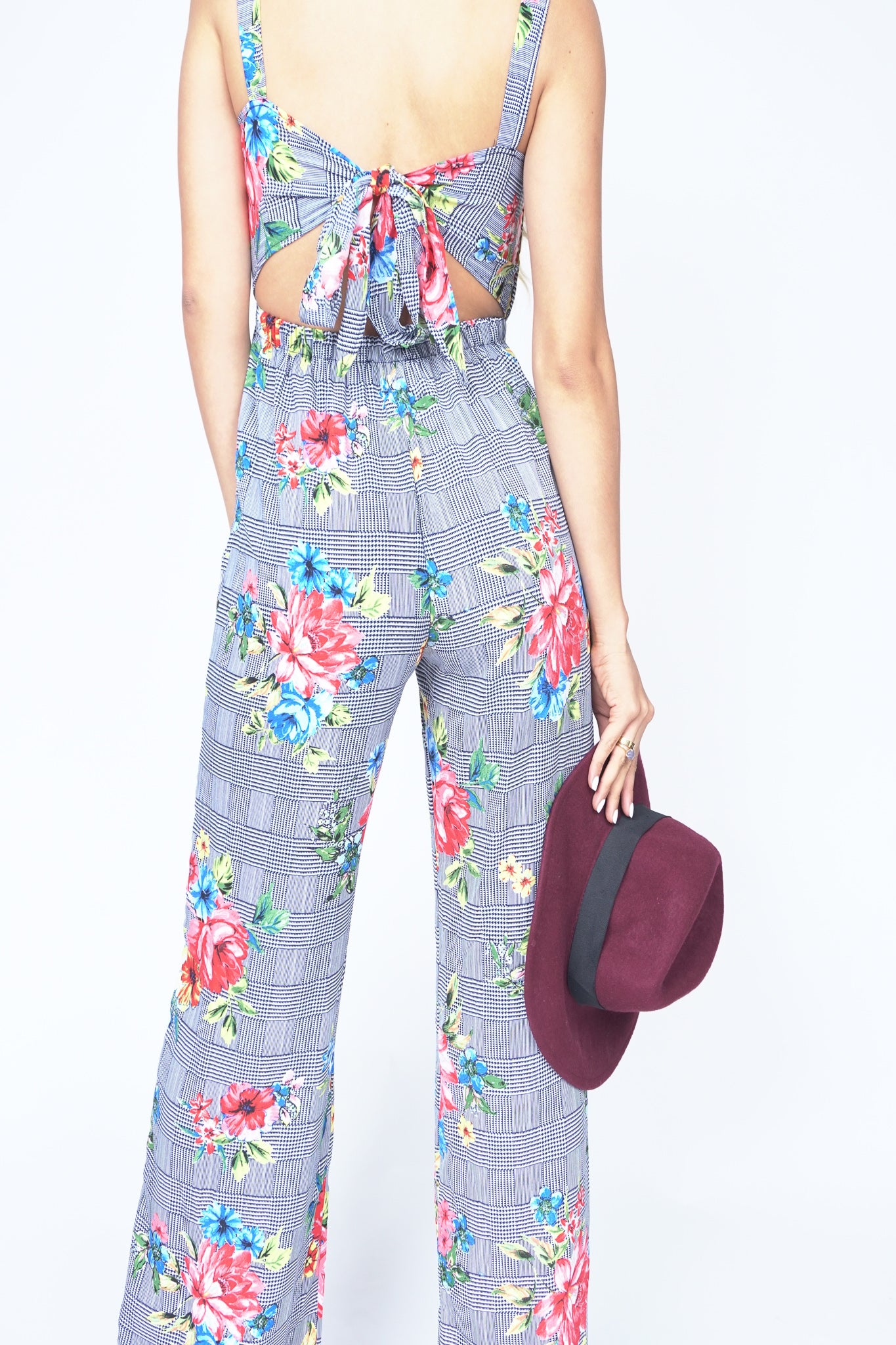 STRIPED ROSE TIE-FRONT JUMPSUIT