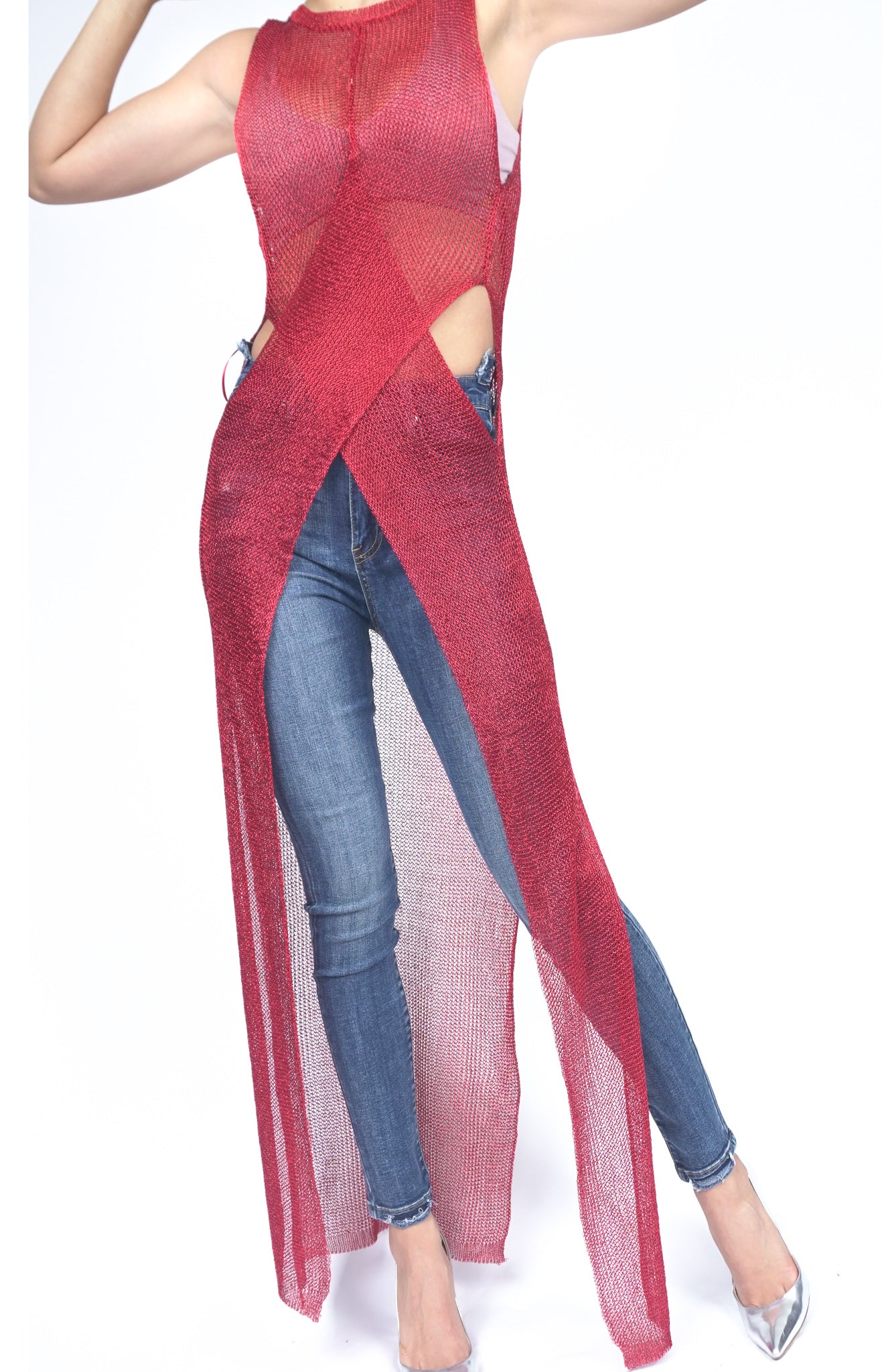 METALLIC MESH RED ROMPER